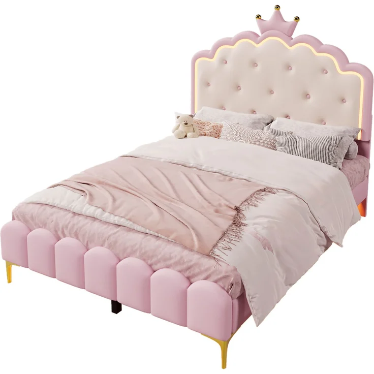 Prinzessinnenbett Kinderbett 140x200 rosa mit LED-Ambientebeleuchtung Metallfüße Kunstleder Polsterbett – Bild 6