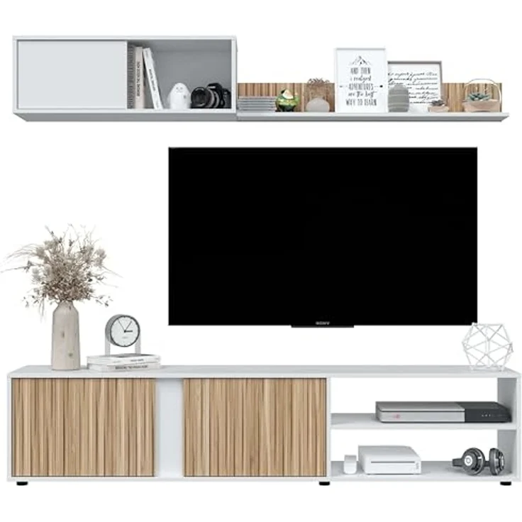 Habitdesign, Wohnzimmermöbel Set, Moderne Wohnwand mit TV-Schrank, Flexibler Montage rechts oder Links, in Artik weiß und Naturholz-Optik, Maße: 180 x 40 x 33 cm (B x H x T), Modell Ecco – Bild 4