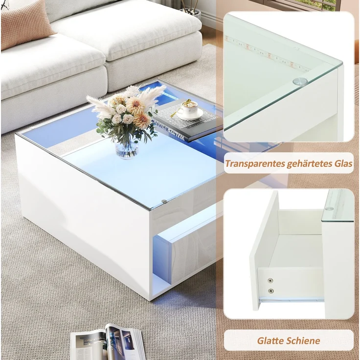 Couchtisch 70x70x35 cm in Weiß mit LED, Schubladen und Glasplatte – Bild 9