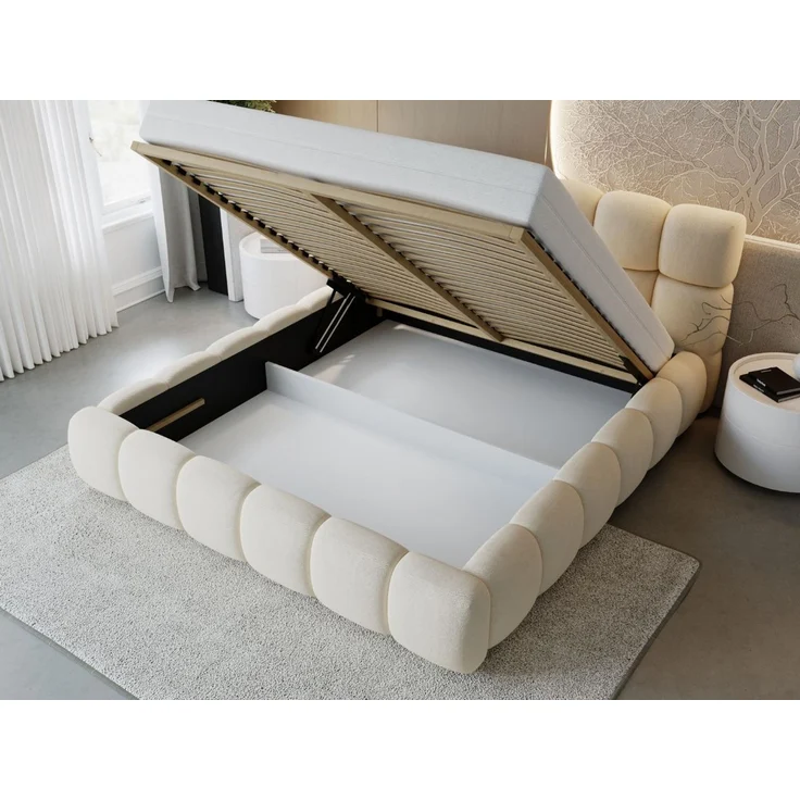 GRAINGOLD Modo Polsterbett 200x200, Doppelbett mit Kopfteil, groß Stauraum, Velour-Stoff, Beige – Bild 5