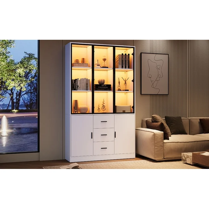ZUBALIYA Vitrine mit Glasschrank Tür und LED-Licht, Vitrinenschrank Glasvitrine mit MultiStorage Bücherregal, Highboard Sammlervitrine mit Griff, 3 Schubladen & Türen, Wohnzimmerschrank, Weiß – Bild 13