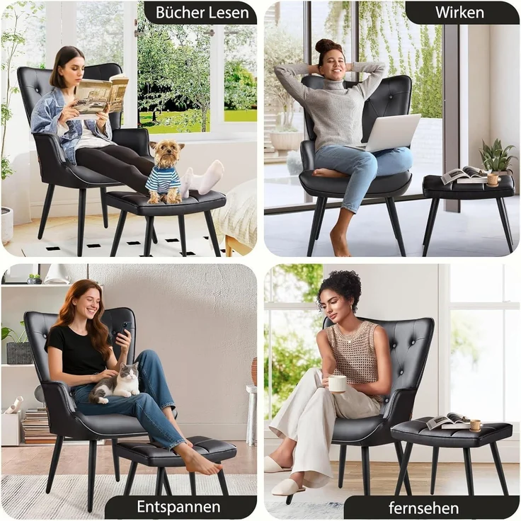 Sessel Ohrensessel Relaxsessel Kunstleder mit Hocker Schwarz pu – Bild 3