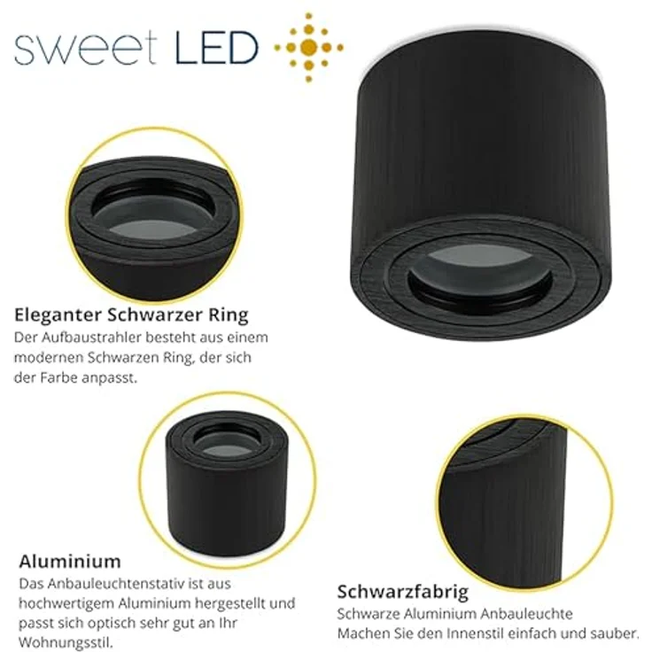 Sweet Led Aufbauspot IP44 flach Schwarz Rund – GU10 Deckenstrahler 230V für Bad & Küche – Feuchtraum geeignet – ohne Leuchtmittel – Bild 3