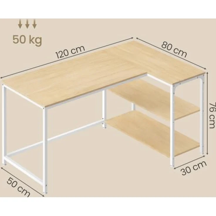 VASAGLE Eckschreibtisch in L-Form, Computertisch, 120 x 80 cm | mit Stauraum, höhenverstellbare Ablage, beidseitig montierbar, Natürliche Eiche und Mattweiss, BARNET Kollektion LWD136Y101 – Bild 3