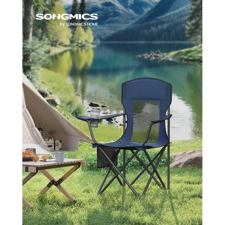 SONGMICS Campingstuhl 2er Set, Klappstuhl Outdoor, Angelstuhl, hohe Rückenlehne, verstellbare Armlehnen, Getränkehalter, klappbar, bis 150 kg belastbar, Camping Garten, hafenblau GCBDE028Q01 – Bild 2