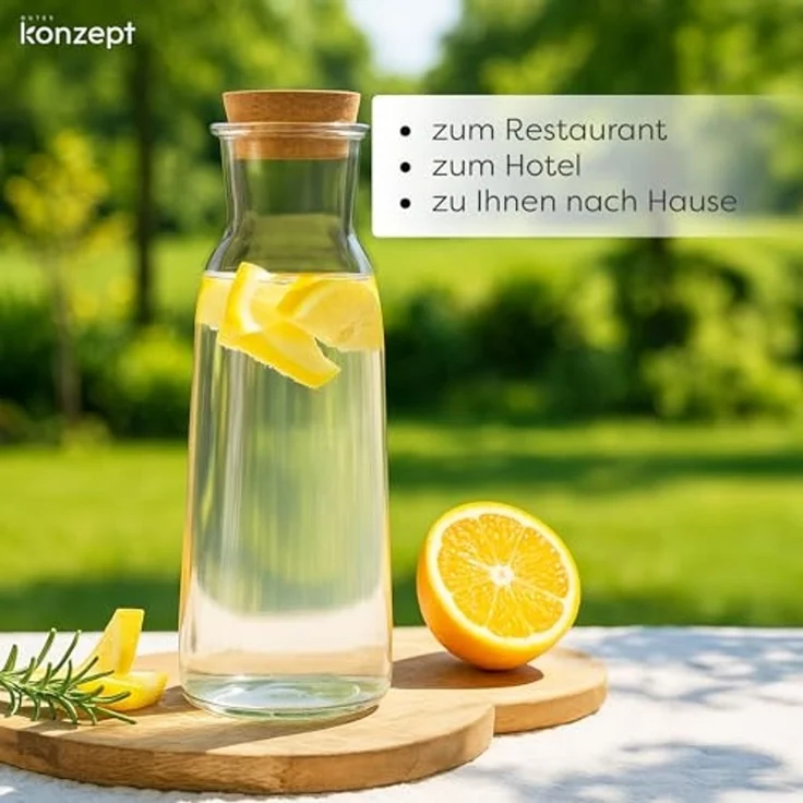 KONZEPT Wasserkaraffe Glaskaraffe mit Korkdeckel, 1 Liter, (Karaffe ideal für Wasser, 1-tlg, Saft, Limonade), ideal für Wasser, Saft, Limonade, Coctails und Milch – Bild 6