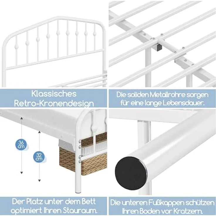 Yaheetech Bettrahmen 140 x 200 cm, Vintage Metallbett mit kronenförmigem Kopfteil, Stabiles Bettgestell Doppelbett aus Metall, Robust & Leichte Montage Gästebett Jugendbett Tagesbett, Weiß – Bild 10