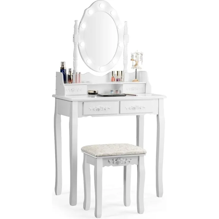 COSTWAY Schminktisch mit Hocker, Frisiertisch mit 360° drehbarem Spiegel & 10 dimmbaren LED Lechten, Kosmetiktisch mit Abnehmbarer Oberteil & 4 Schubladen, 75 x 40 x 146 cm (Weiß)