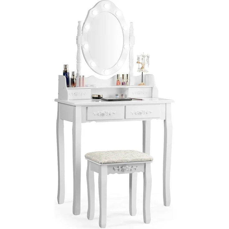 COSTWAY Schminktisch mit Hocker, Frisiertisch mit 360° drehbarem Spiegel & 10 dimmbaren LED Lechten, Kosmetiktisch mit Abnehmbarer Oberteil & 4 Schubladen, 75 x 40 x 146 cm (Weiß)