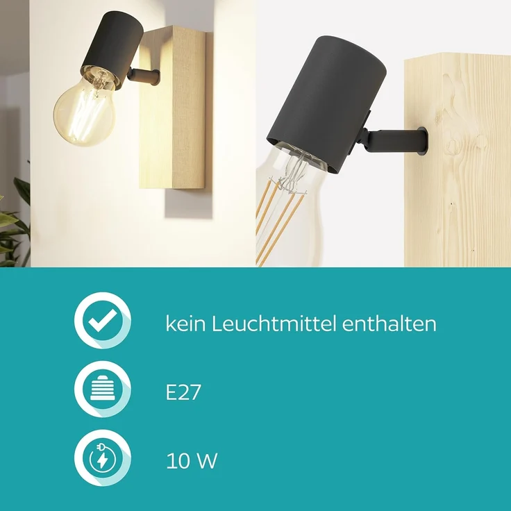 Eglo 32917 LED Wandleuchte TOWNSHEND Stahl schwarz, Holz braun E27 1X10W L:6,5cm H:21,5cm T:19cm dimmbar – Bild 6