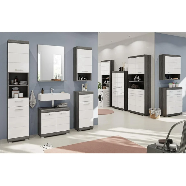 Badezimmer Midischrank Shawn in weiß Hochglanz und Rauchsilber grau 74 x 141 cm – Bild 2