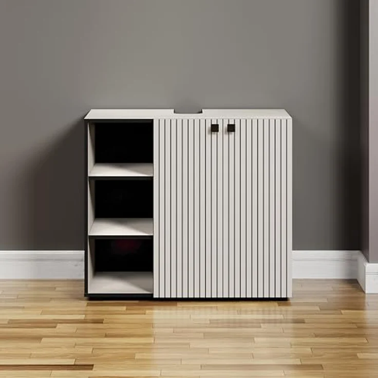 trendteam smart living - PureBliss - Waschbeckenunterschrank - Kashmir Hellgrau -Rillenoptik - 3 offene Fächer + 1 Einlegeboden - (BxHxT) 90 x 79 x 53 cm - edle Metallgriffe – Bild 3