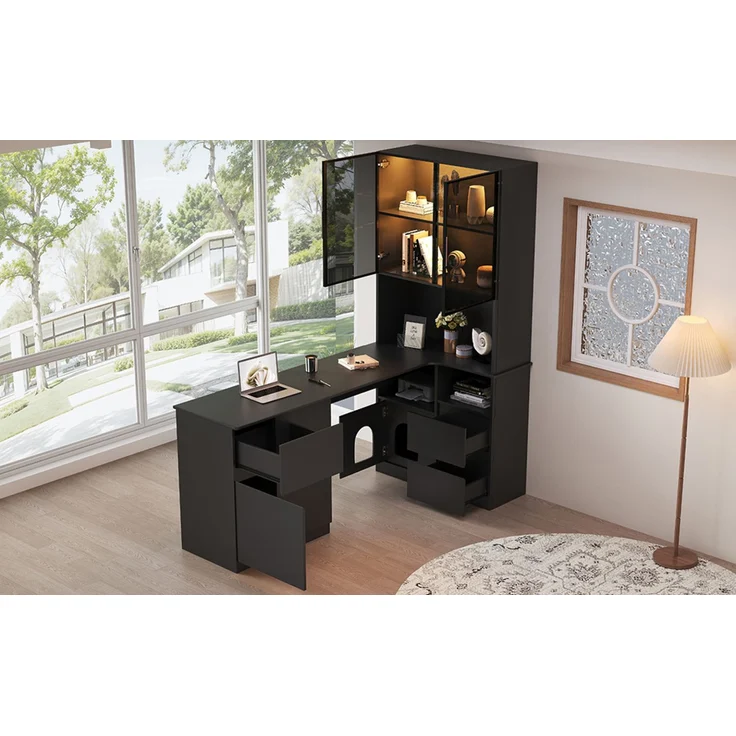 Flieks Eckschreibtisch mit LED-Vitrine & Regal 120×80×180 cm, Computertisch mit 3 Schubladen, 2 Türen, Haustierfach, Rechte Ecke, Schwarz – Bild 10