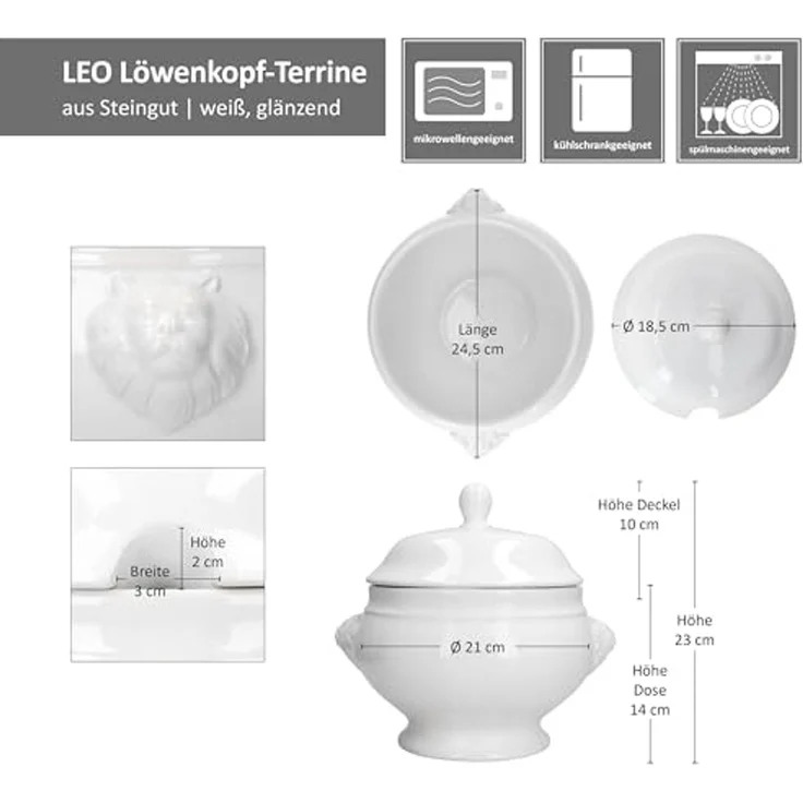 MamboCat Suppenschüssel LEO Löwenkopf-Terrine 2L mit Deckel weiß XL-Suppenschale Schüssel, Steingut – Bild 6