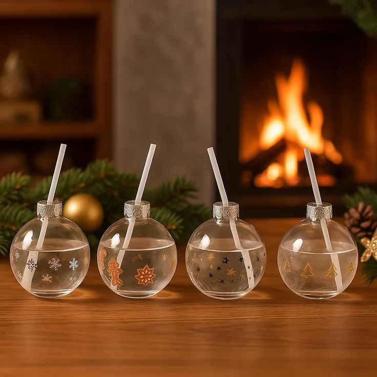 BURI Trinkglas Christbaumkugel 400ml 8er Set aus Glas mit 19cm Strohhalm Weihnachten Winter Advent Getränkegläser Party Xmas Kugelglas Festliche Deko – Bild 9