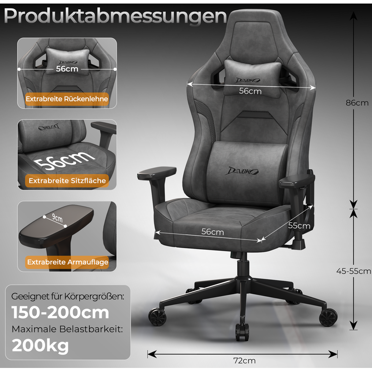 Gaming-Stuhl mit luxuriösem Wildlederimitat – ergonomisch, großzügige Sitzfläche, verstellbare Rückenlehne 90°–135°, 3D-Armlehnen,Grau – Bild 8