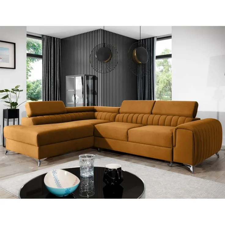 Ecksofa mit Schlaffunktion Sofa ELENI Stoff Monolith Honiggelb Ottomane Links
