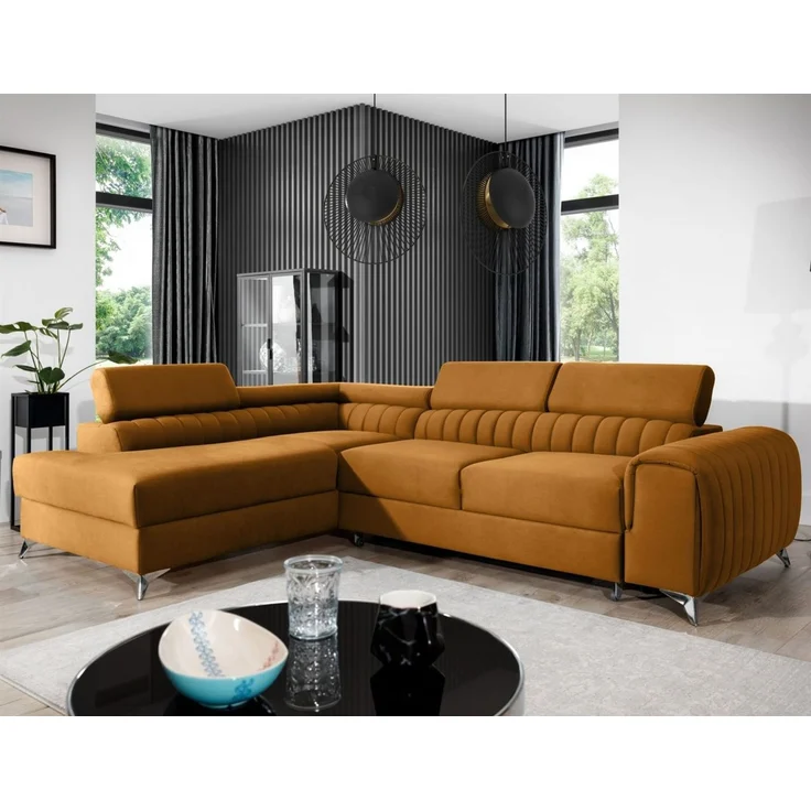 Ecksofa mit Schlaffunktion Sofa ELENI Stoff Monolith Honiggelb Ottomane Links – Bild 1