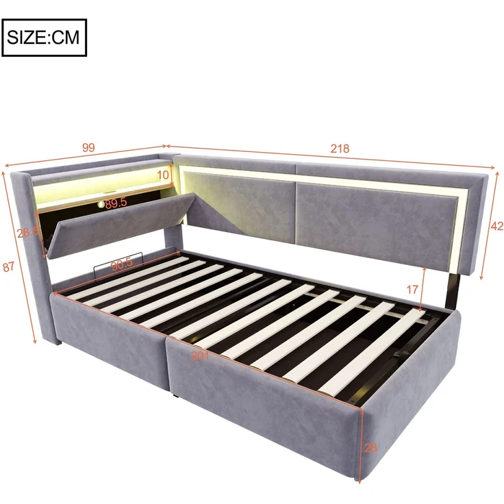 EINHOM Polsterbett Schlafsofa 90 x 200 cm, Samt, mit LED-Beleuchtung und USB-Ladeanschlüssen, Kopfteil Lässt Sich zum Verstauen Öffnen, Hydraulisches Stauraumsystem unter dem Bett, Hellgrau, (Ohne Matratze) – Bild 2