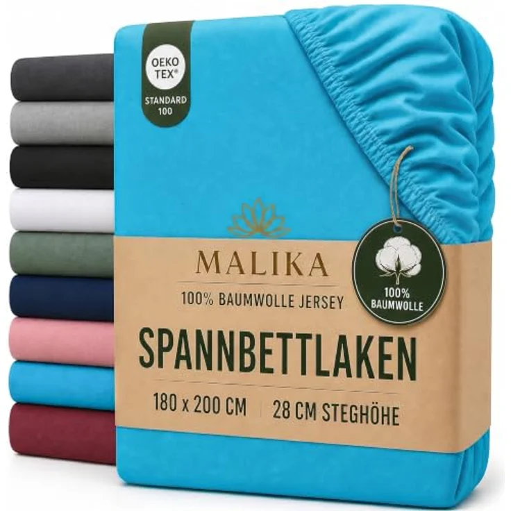 MALIKA® Spannbettlaken Baumwolle Jersey, 140x200cm - 160x200cm, für Matratzenhöhe bis 28 cm, Oeko-Tex zertifiziert – Bild 1