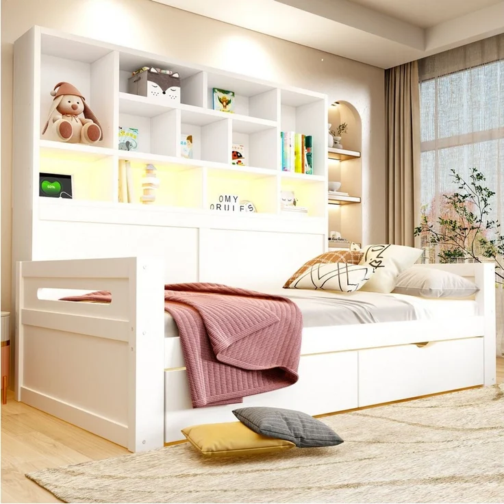 i@home Ausziehbett Schlafsofa 90 × 200 cm Einzelbett,Jugendbettgestell,Holzsofa Bett,Weiß (offenem Schrank), mit multifunktionalem Stauraum,LED-Beleuchtung, Steckdosen, Schubladen – Bild 4