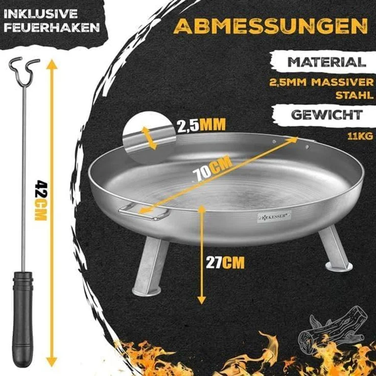 KESSER® Feuerschale mit 2,5 mm Stahldicke Feuerkorb aus Edelstahl / Stahl inklusive 42cm Feuerhaken aus Gusseisen, Wasserablauf & 2 stabile Griffe für Holz & Kohle Feuerstelle für Garten & Terrasse Ø 70 cm, Edelstahl – Bild 3