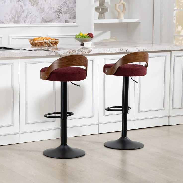 LVHOM Barstuhl 2er Set, 360° drehbarer Barhocker mit Rückenlehne und Fußstütze, höhenverstellbarer Tresenhocker aus Bugholz & Leinenstoff, Weinrot – Bild 8