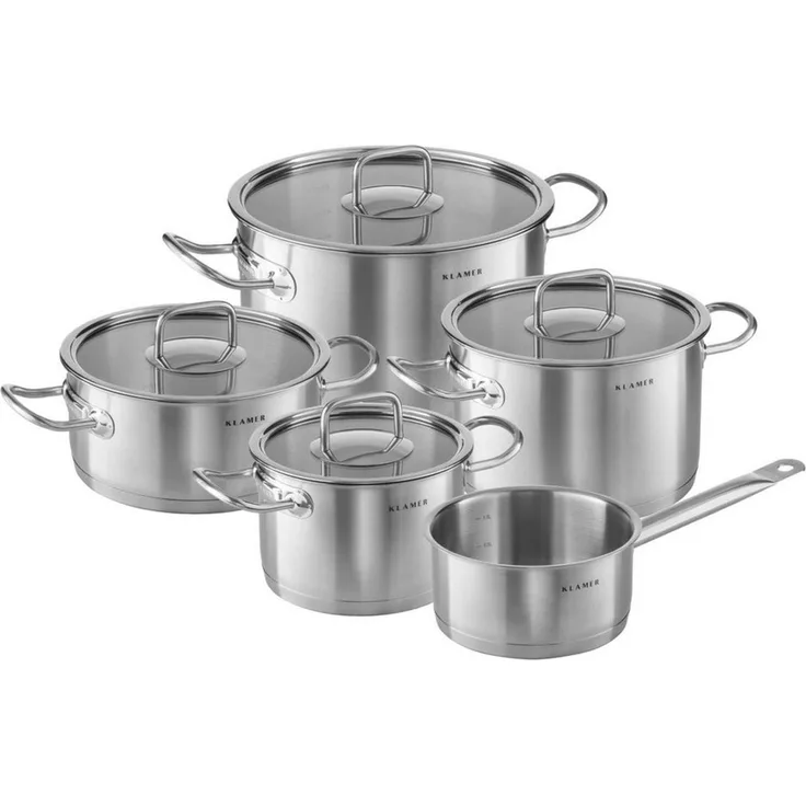 KLAMER Topf-Set 5-tlig. mit Glasdeckel, Induktion, extra dicke Wand- und Bodenstärke …, Energiesparend, Messskala, Güteglasdeckel, tropffrei abgießen