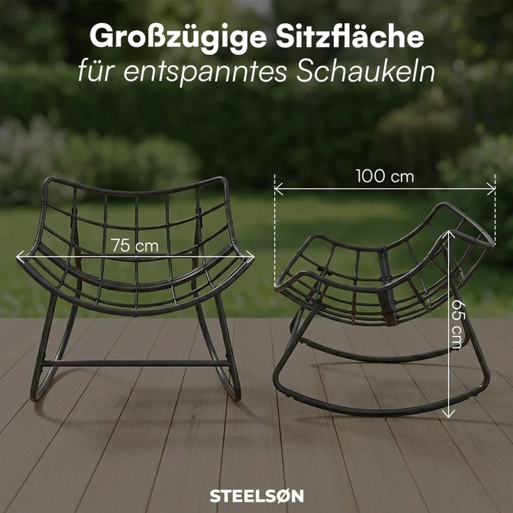 STEELSØN 'Veldora' Schaukelstuhl, schwarzes Polyrattan, Kissen beige, ergonomischer Relaxsessel, bis 125kg, XXL Schaukelsessel 75×100×65 cm – Bild 9
