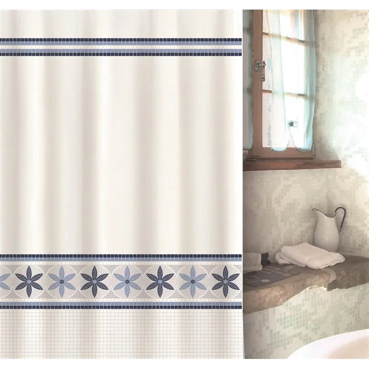 MSV Duschvorhang Cotexsa OLIMPO Breite 180 cm, Textil-Duschvorhang, Made in Spain, 100% Polyester, wasserundurchlässig, Anti-Schimmel-Effekt, Anti-Bakteriell beschichtet, waschbar 30°, 180 x 200 cm, klassisches Motiv, Farbe weiß / blau