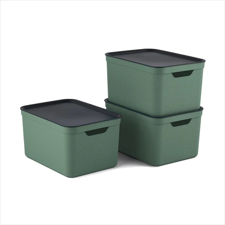 Jive Dekobox 3er- Set Aufbewahrungsbox 16l mit Deckel, Kunststoff (PP recycelt), grün/anthrazit, 3x16l (37.5 x 27.8 x 29.8 cm)