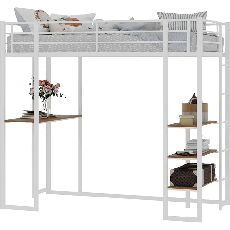 Wohnora-Eisenbettgestell mit Bett und Tisch, Maße 90*190 cm, geeignet für Kinder- und Jugendzimmerbetten, Eisenbettgestell mit Geländer und Treppen, mit Speicherplatz unter dem Bett,Weiß