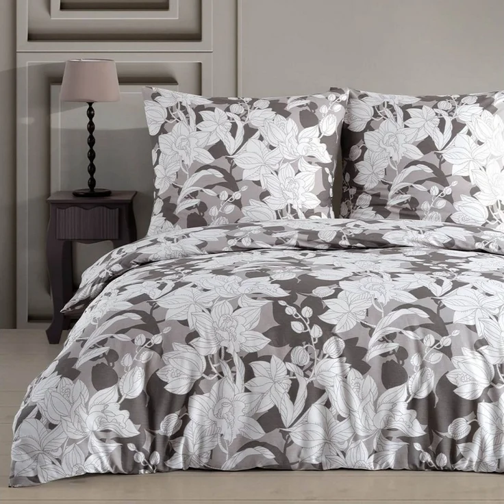 Buymax Bettwäsche Clisse, Renforce: 100% Baumwolle, 2 teilig, 135x200 cm, mit Reißverschluss, Blumen, Orchidee, Grau, Weiß – Bild 1