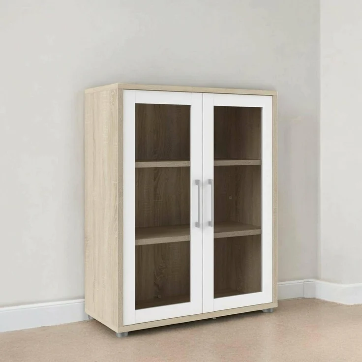 Dmora - Kommode Laureen, Wohnzimmerbuffet, Wohnzimmer-Sideboard, Moderne Küchen-Speisekammer, 89x40 h113 cm, Eiche und Weiß – Bild 1