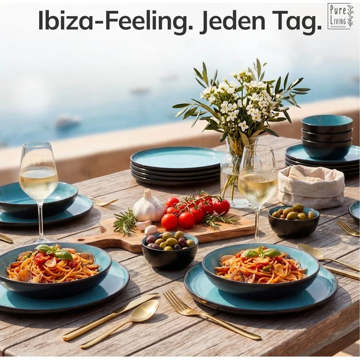 Steingut Geschirrset 6 Pers. Ibiza 24-tlg Hochwertiges Mediterranes TEST SEHR GUT Steingut Geschirr Set - Schüssel- und Teller Set - Tafelservice 6 Personen Geschirrsets Pure Living in Aquamarin – Bild 2