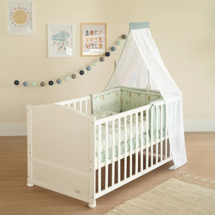 roba Babybett 70 x 140 cm Woodland Buddies - Umbaubares Kinderbett mit Zubehör - Inkl. Matratze, Himmel & Nestchen für Babys & Kleinkinder - Bettwäsche-Set 100x135 cm - Weiß / Grün – Bild 2