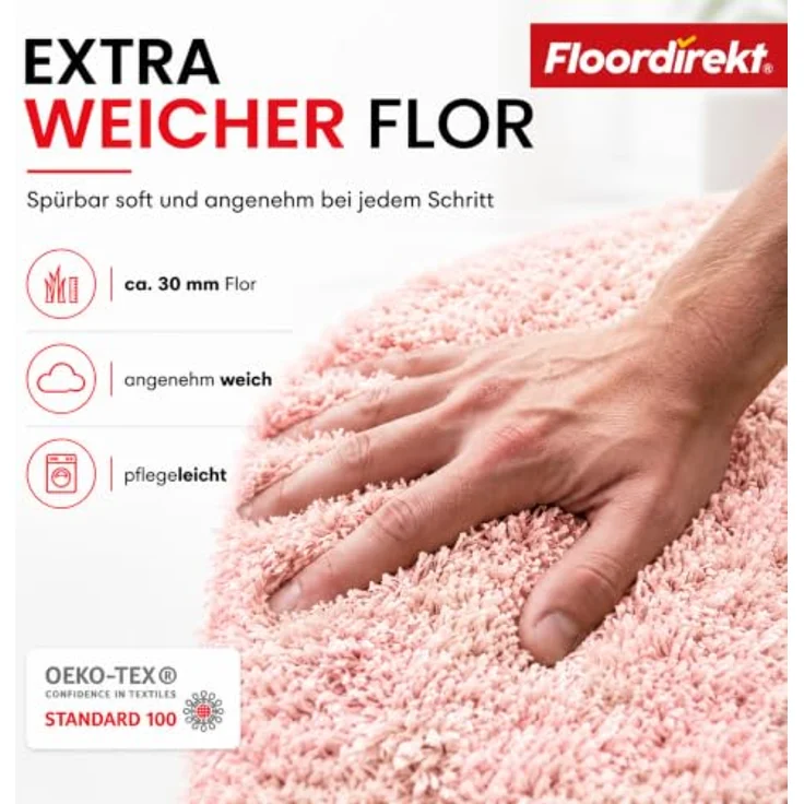 Floordirekt Badematte Sky - Hochflor Badezimmerteppich, rutschhemmend & schnell trocknend, geeignet für Fußbodenheizung, Eckig & Rund (60 x 100 cm, Rosa) – Bild 2
