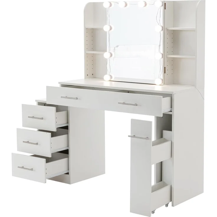Thanaddo Schminktisch Schminktisch mit Schiebespiegel, 5 Schubladen und offenen Regalen (1 x Schminktisch, 1 x Hocker, 1 x Anleitung), 5 Schubladen, 4 offene Regale, großes Fassungsvermögen – Bild 9