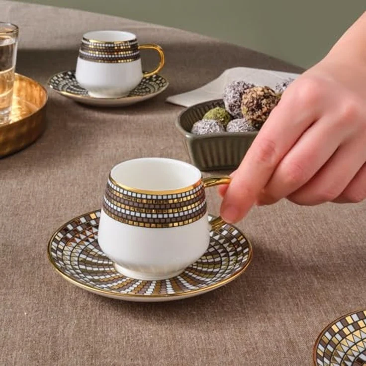 Karaca Kaffeeservice Karaca Belgin 90 ml Kaffeetasse mit Untertasse Set 6 Personen, Braun – Bild 3
