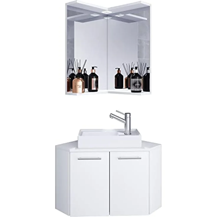 VCM Badmöbelset Vilosa, 3-tlg. Eck Set für Gäste-WC mit hochwertigem Keramik-Waschtisch und Spiegel, weiß – Bild 1