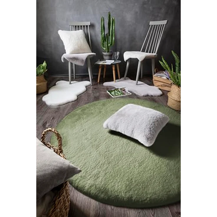 -LUXOR- living Kunstfell Coste Flauschiger Teppich Schlafzimmer - ideal zur Verwendung als Bettvorleger Schlafzimmer - gemütlicher Fellteppich Lammfell Imitat 120 cm rund dunkelgrün – Bild 7