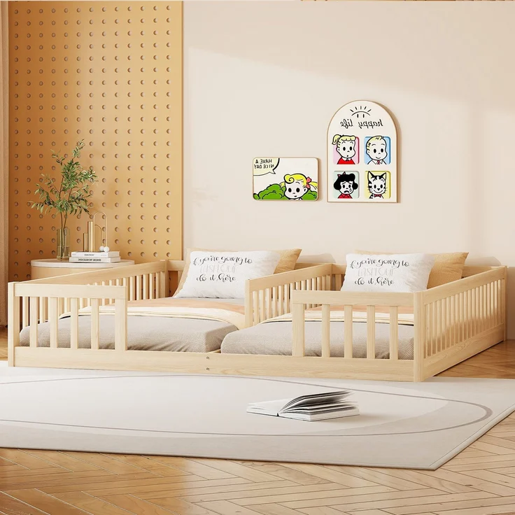 Kinderbett mit 2 Liegeflächen, Lattenrost und Rausfallschutz, 90x200cm/90x200cm, Holzbett, Kiefer – Bild 3