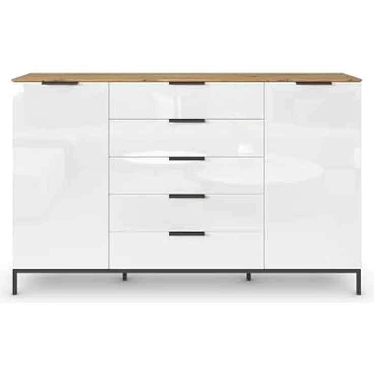 Rauch Möbel Flipp, Kommode mit Stauraum für Wohnzimmer, Schlafzimmer, Flur, 4 Fachböden, mit Metallkufe graphit, Eiche Artisan/Glasfront Weiß, 2-türig, 5 Schubkästen, Griffe graphit, 180 x 111 x 42 cm – Bild 5