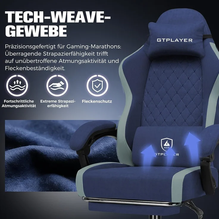 GTPLAYER Gaming Stuhl Ergonomischer, PC Stuhl Atmungsaktiver Stoff, Groß und Hoch Drehbarer Schreibtischstuhl mit Fußstütze,Verstellbare Lendenwirbelstütze und Kopfstütze,Blau – Bild 9