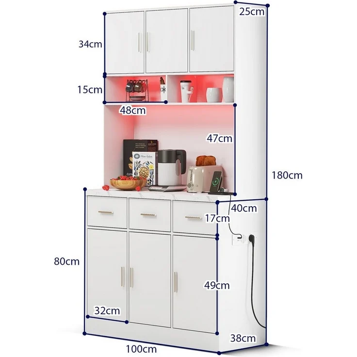 Flieks Küchenbuffet mit LED-Beleuchtung und Steckdosen (1-St, 100x40x180cm) Hochschrank Küchenschrank Geschirrschrank mit verstellbare Ablagen – Bild 3