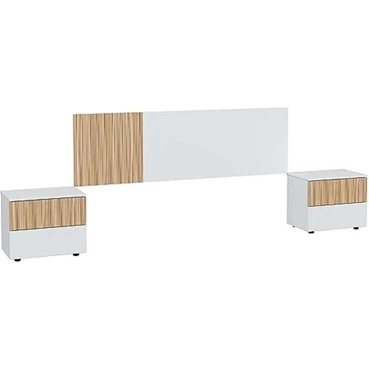 Habitdesign, modernes Kopfteil mit 2 Nachttischen – Schlafzimmer-Set in Artik weiß & Naturholz, wendbares Kopfteil, viel Stauraum, Maße: 266 x 91 x 34 cm (B x H x T), Modell Ethna – Bild 1
