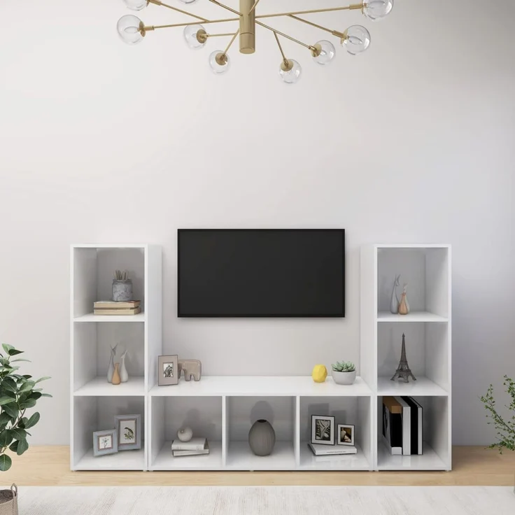 3 pcs TV-Schrank, Fernsehschrank Weiß 107x35x37 cm Holzwerkstoff – Bild 1