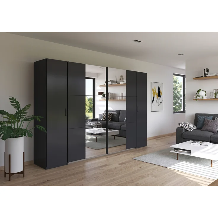 rauch Kleiderschrank, Dreh- und Schwebetürenschrank KRONACH, 4-türig, 2 Spiegeltüren teilaufgelegt, Grau metallic, 311 x 210 x 59 cm – Bild 1