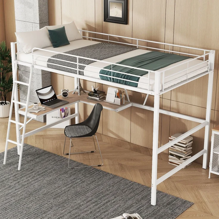 Hochbett, 90x200cm Bettgestell Metallbett, Eisenbett, Hochbett mit L-förmigem Schreibtisch und einem Regal für Kinder, Jugendliche und Erwachsene, Ohne Matratze, Weiß – Bild 3