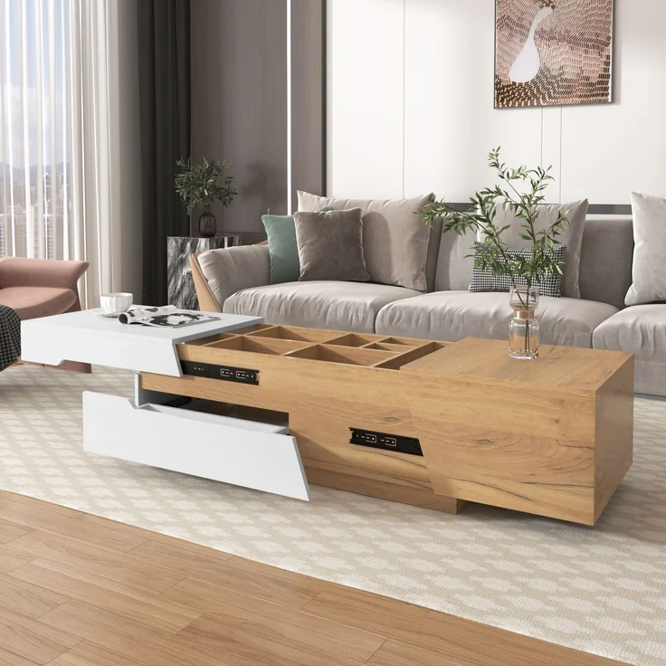 Couchtisch verschiebbar mit Stauraum 120x50 cm MDF Modern Wohnzimmer Tisch Weiß+Holzfarbe – Bild 6